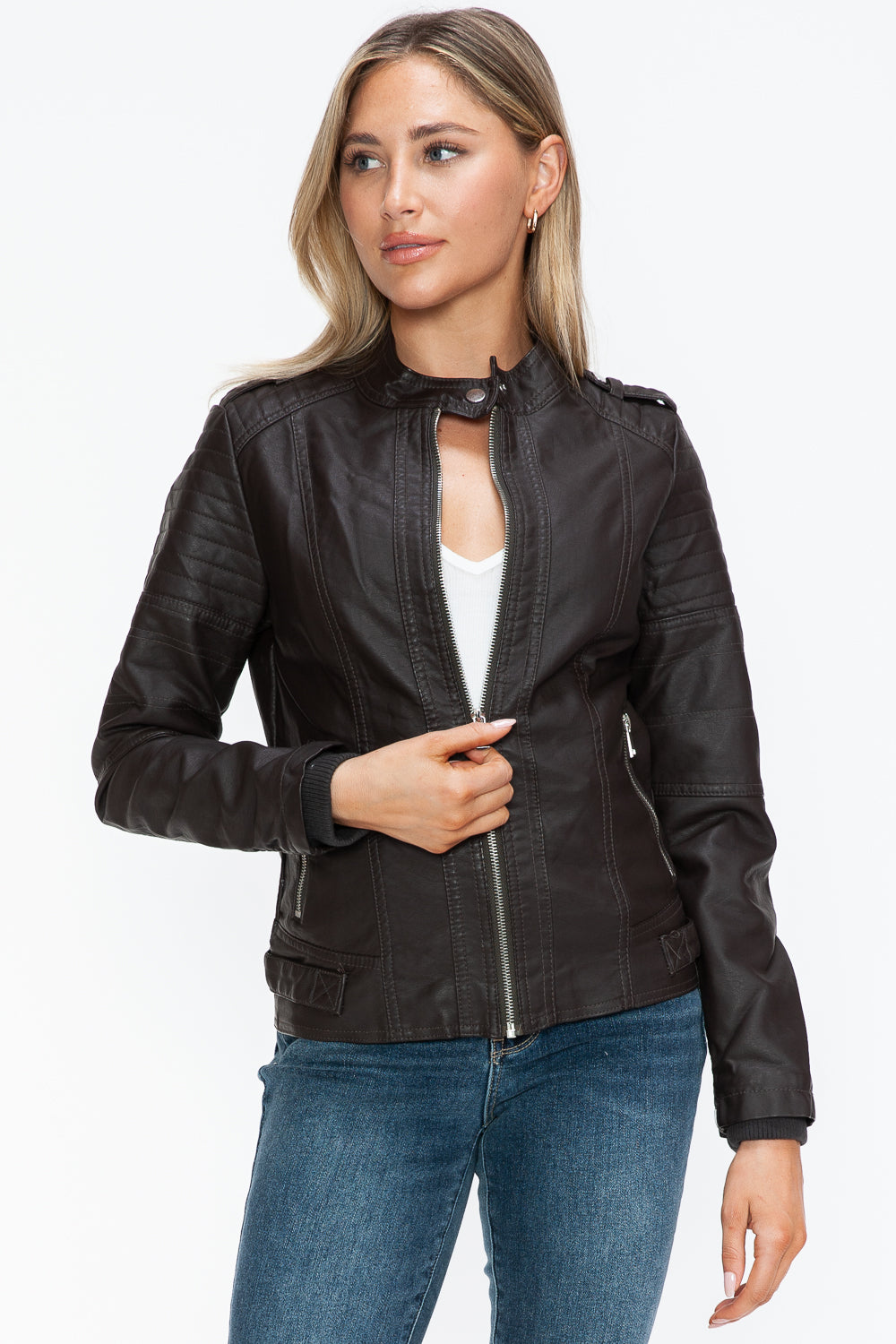 Snobbish PU Leather Biker Jacket with Side Zip Pockets - All Mine Now Clothing