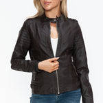 Snobbish PU Leather Biker Jacket with Side Zip Pockets - All Mine Now Clothing