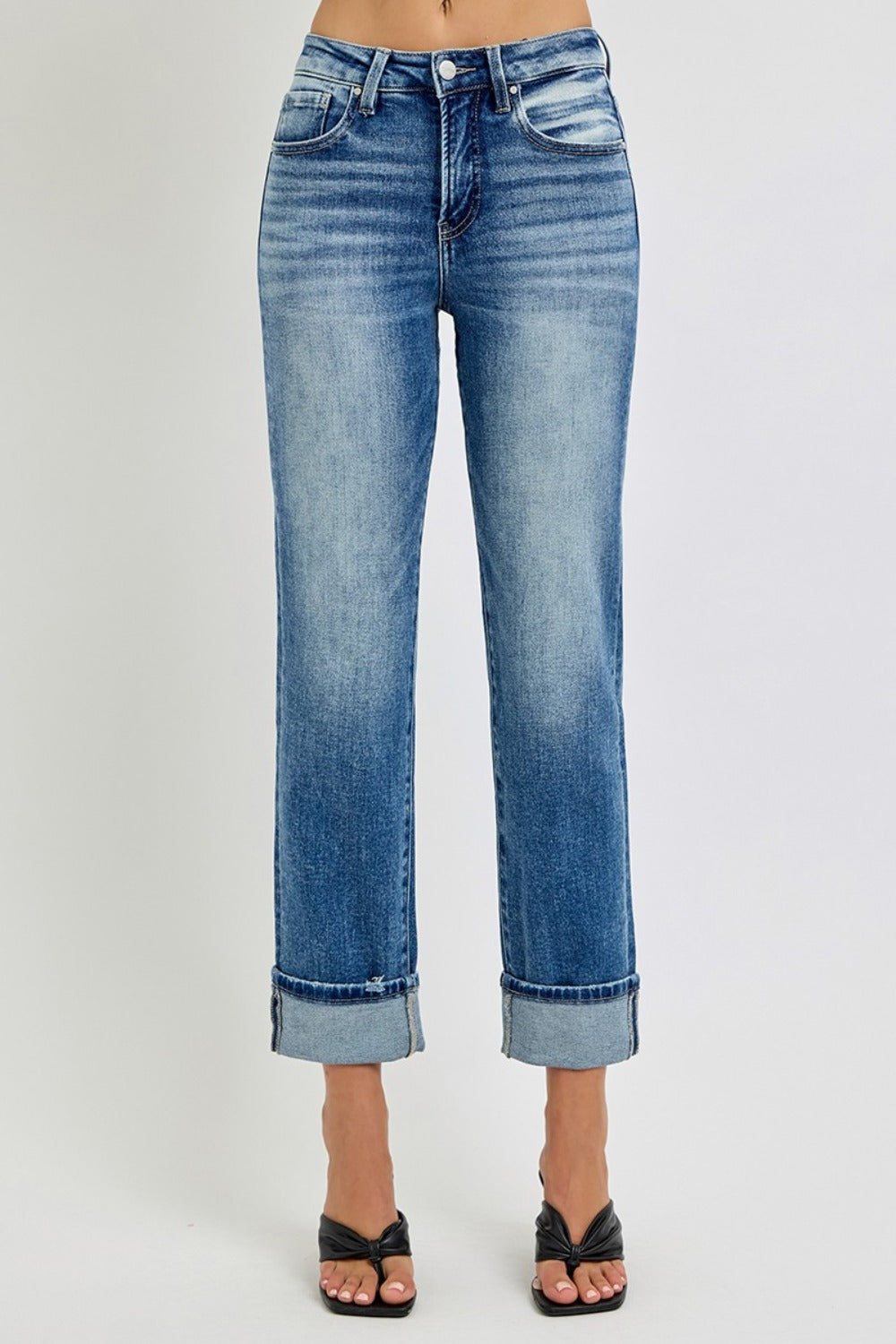 RISEN Full Size High Rise Crop Straight Roll Up Jeans Trendsi