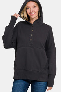 Zenana Half Snap Long Sleeve Hoodie with Kangaroo Pocket - All Mine Now Clothing