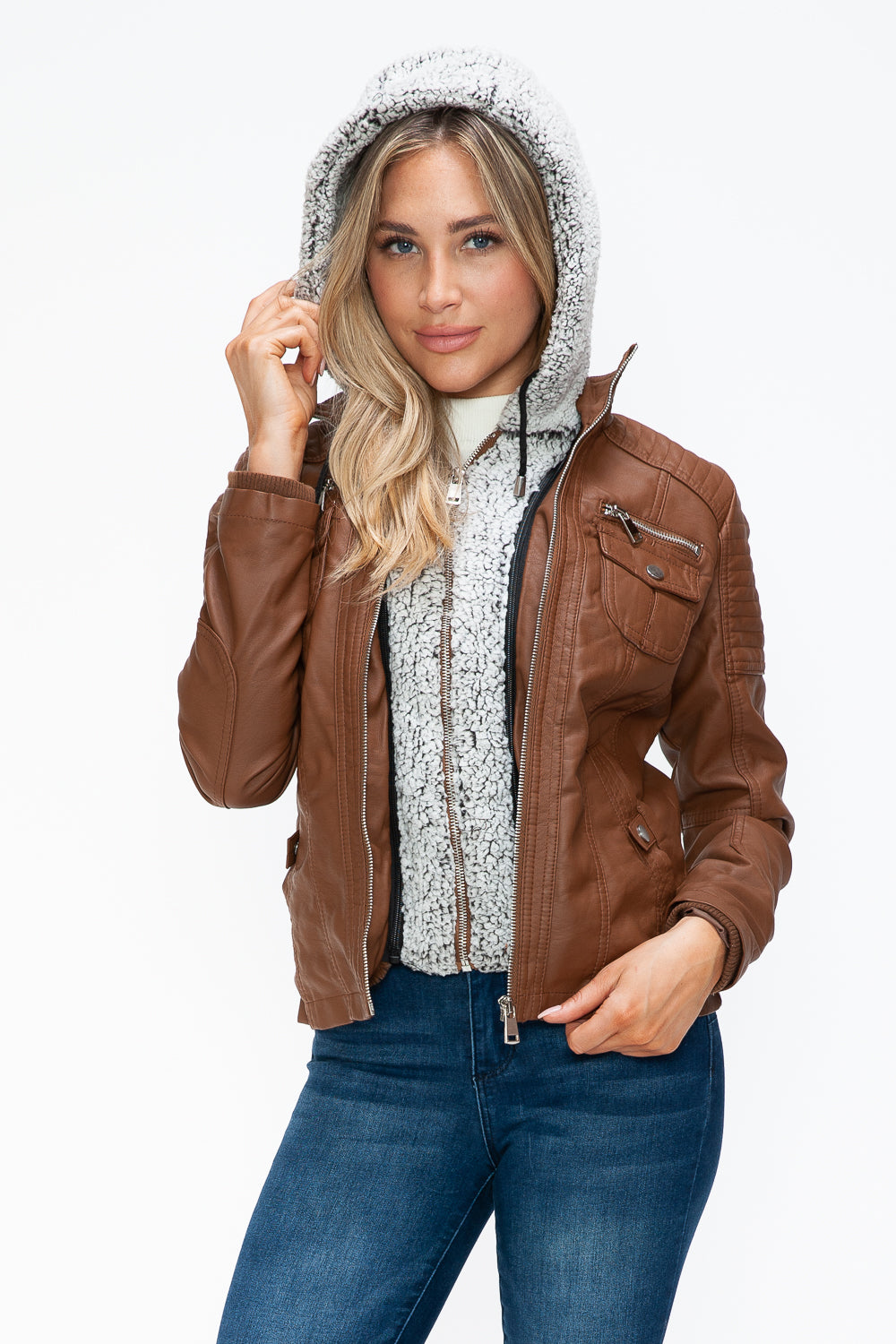 YMI Removable Faux Layered Multi-Pocket Jacket with Fuzzy Hood - All Mine Now Clothing