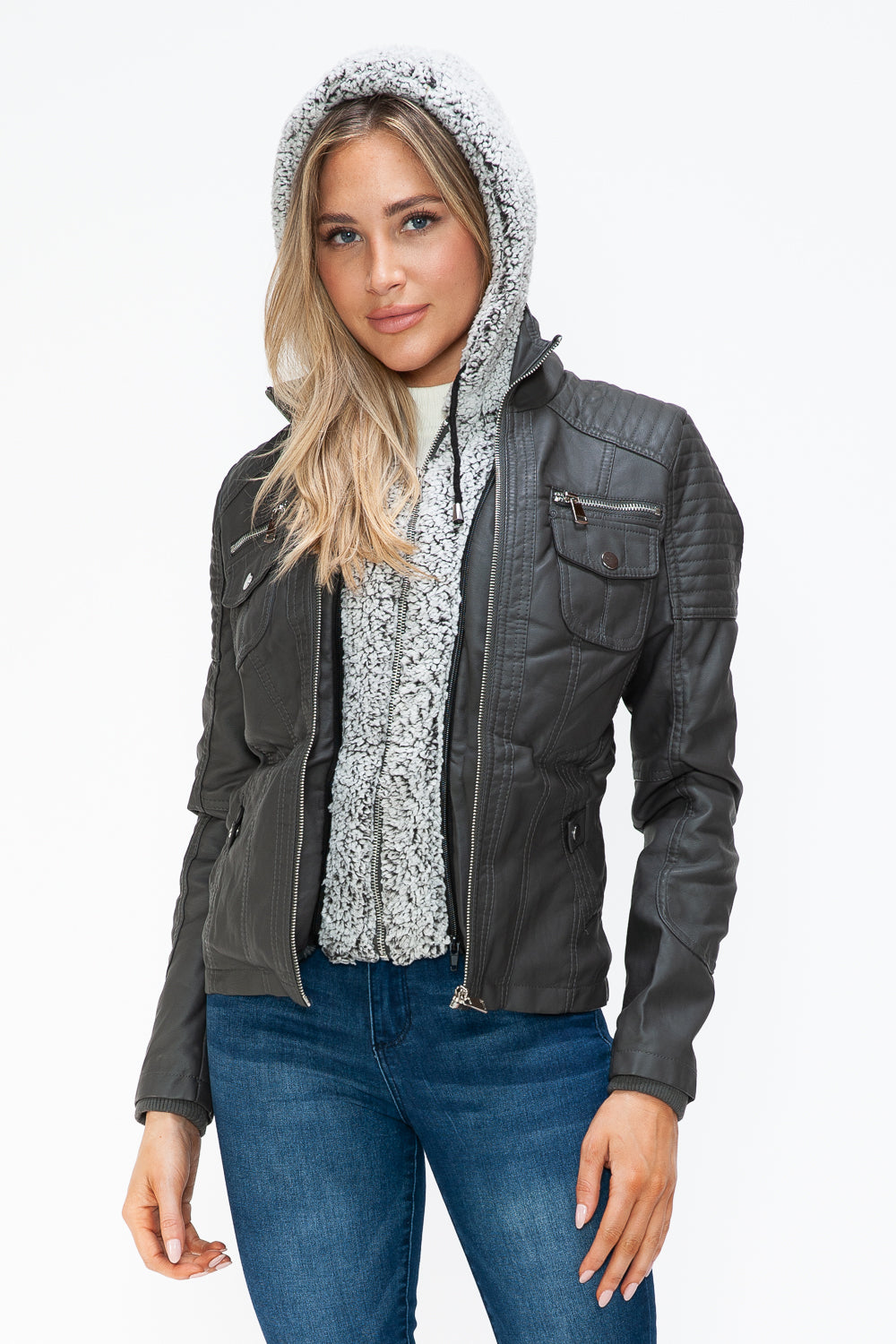 YMI Removable Faux Layered Multi-Pocket Jacket with Fuzzy Hood - All Mine Now Clothing