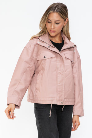 How Dare U Drawstring Hem PU Leather Zip Up Jacket - All Mine Now Clothing