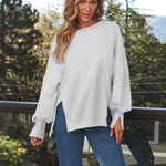 Slit Round Neck Long Sleeve Sweatshirt - All Mine Now Clothing