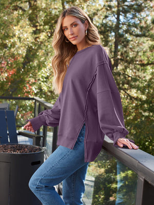 Slit Round Neck Long Sleeve Sweatshirt - All Mine Now Clothing