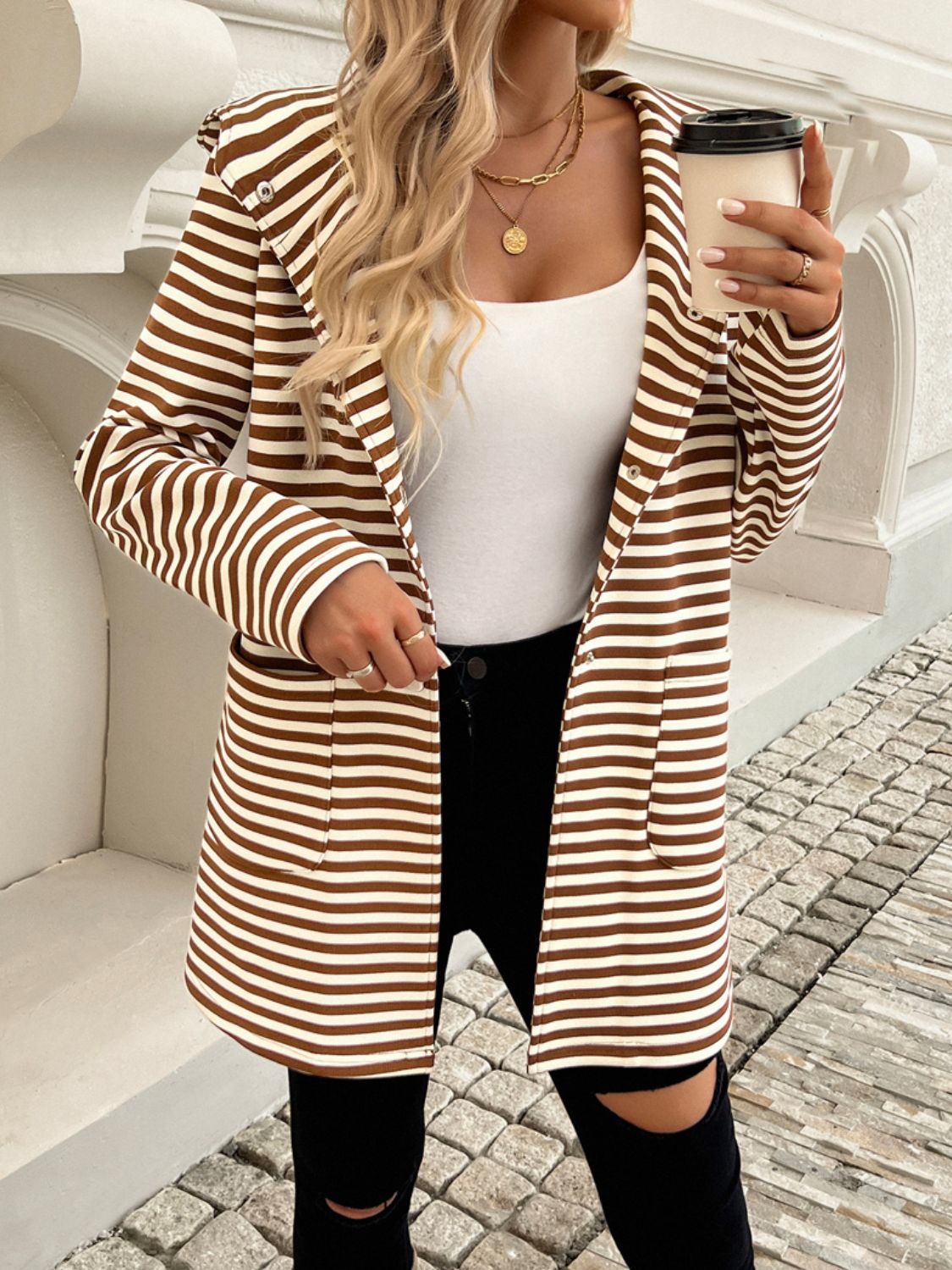 Devine Striped Long Sleeve Hooded Outerwear - All Mine Now Clothing