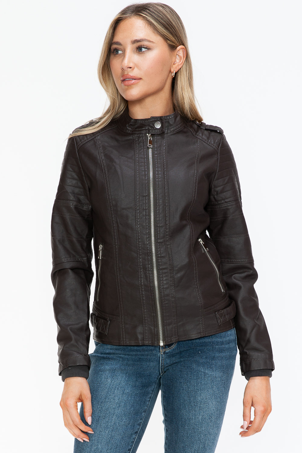 Snobbish PU Leather Biker Jacket with Side Zip Pockets - All Mine Now Clothing