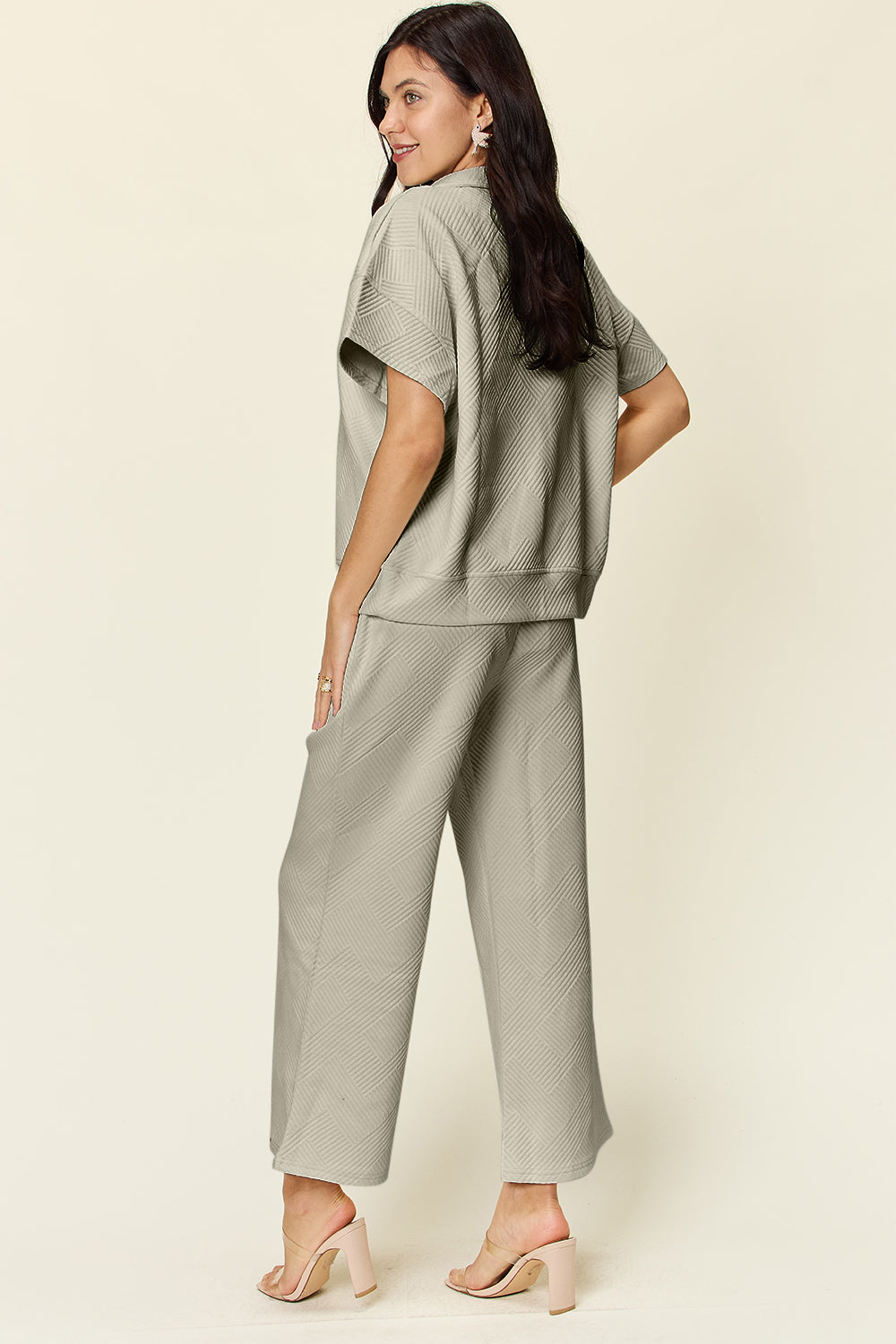 Double Take Full Size Texture Half Zip Short Sleeve Top and Pants Set - All Mine Now Clothing