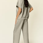 Double Take Full Size Texture Half Zip Short Sleeve Top and Pants Set - All Mine Now Clothing