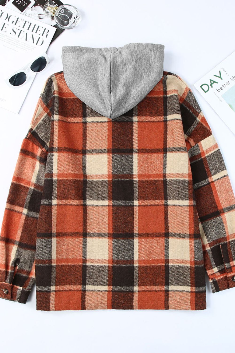 Plaid Button Up Hooded Shacket - All Mine Now Clothing