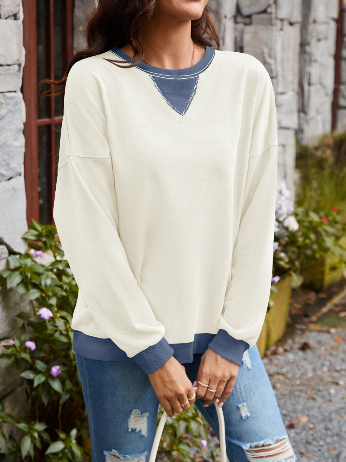 Lovelet Contrast Round Neck Long Sleeve Sweatshirt - All Mine Now Clothing