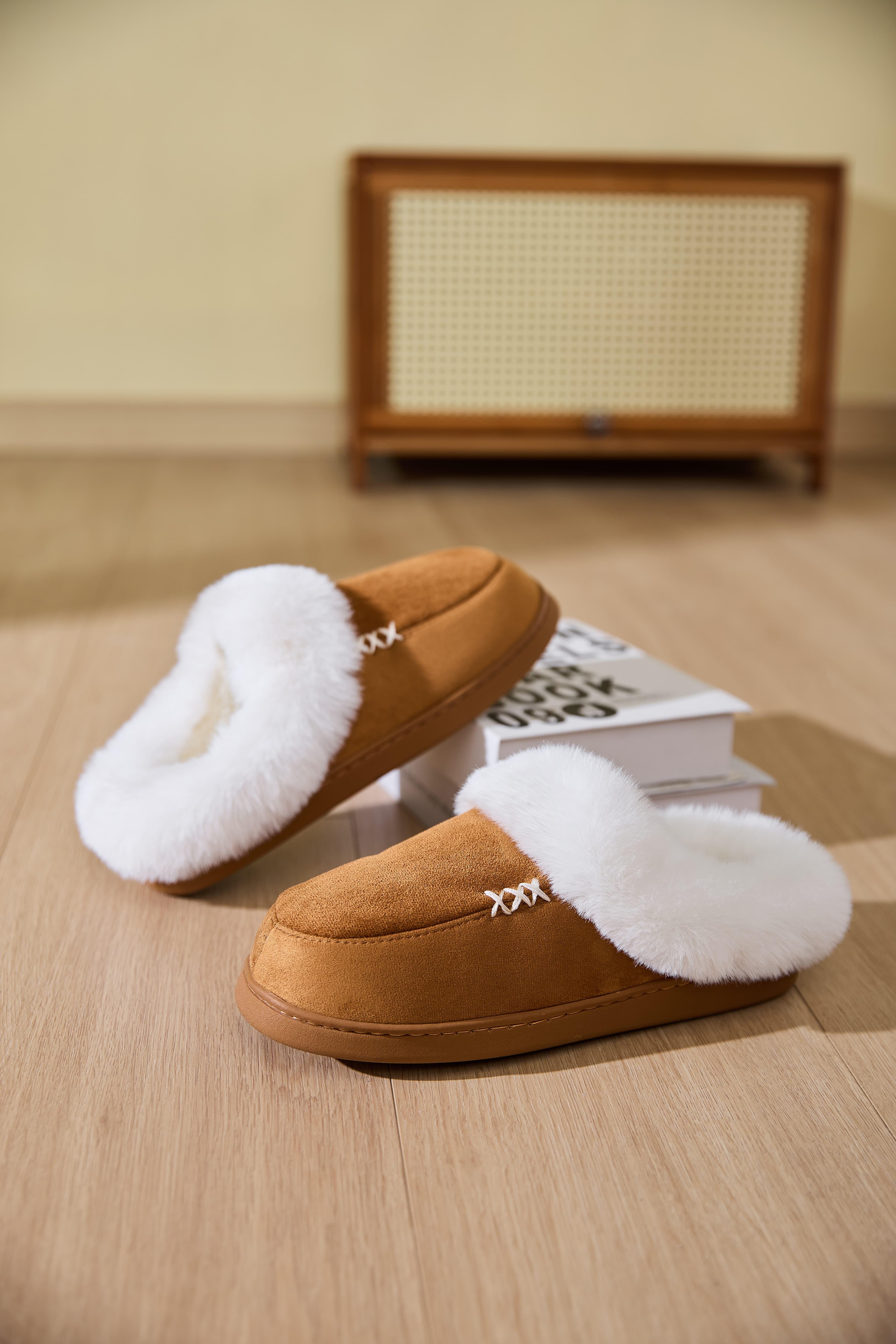 Fluff Trim Round Toe Flat Slippers - All Mine Now Clothing