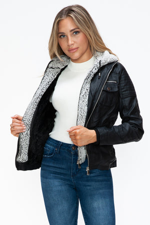 YMI Removable Faux Layered Multi-Pocket Jacket with Fuzzy Hood - All Mine Now Clothing