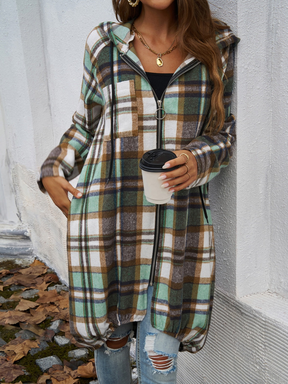 Devine Plaid Zip Up Hooded Coat - All Mine Now Clothing