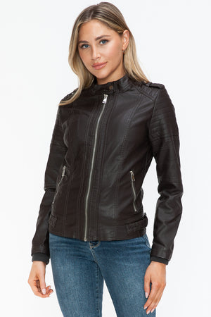 Snobbish PU Leather Biker Jacket with Side Zip Pockets - All Mine Now Clothing