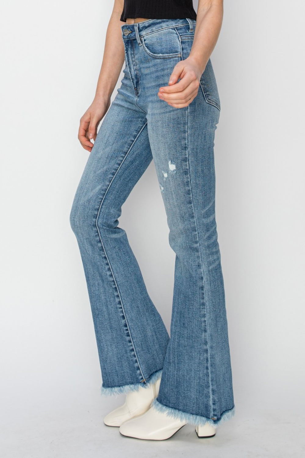 RISEN High Rise Frayed Hem Bootcut Jeans Trendsi