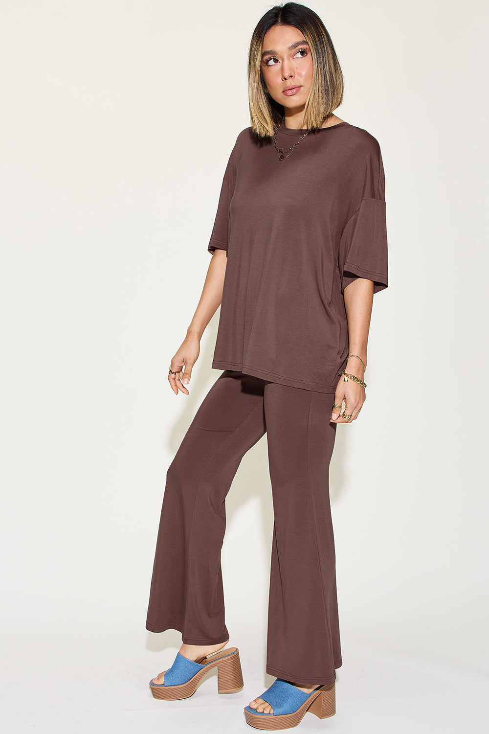 Basic Bae Full Size Bamboo Drop Shoulder T-Shirt and Flare Pants Set - All Mine Now Clothing