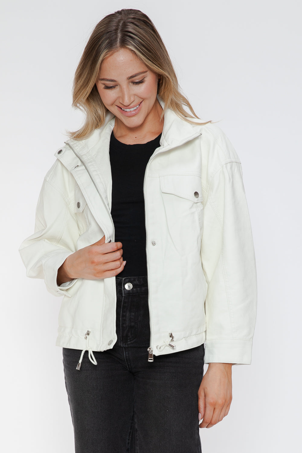 How Dare U Drawstring Hem PU Leather Zip Up Jacket - All Mine Now Clothing