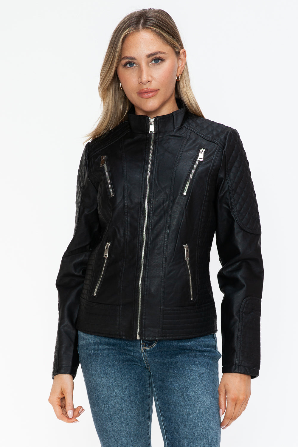 Snobbish Faux Leather Zip Up Mock Neck Jacket - All Mine Now Clothing