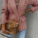 Houndstooth Collared Neck Double-Breasted Blazer Trendsi