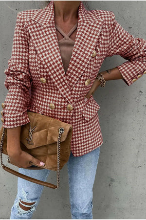 Houndstooth Collared Neck Double-Breasted Blazer Trendsi