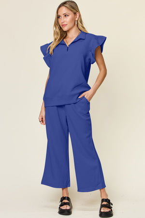 Double Take Texture Ruffle Short Sleeve Top and Drawstring Wide Leg Pants Set - All Mine Now Clothing