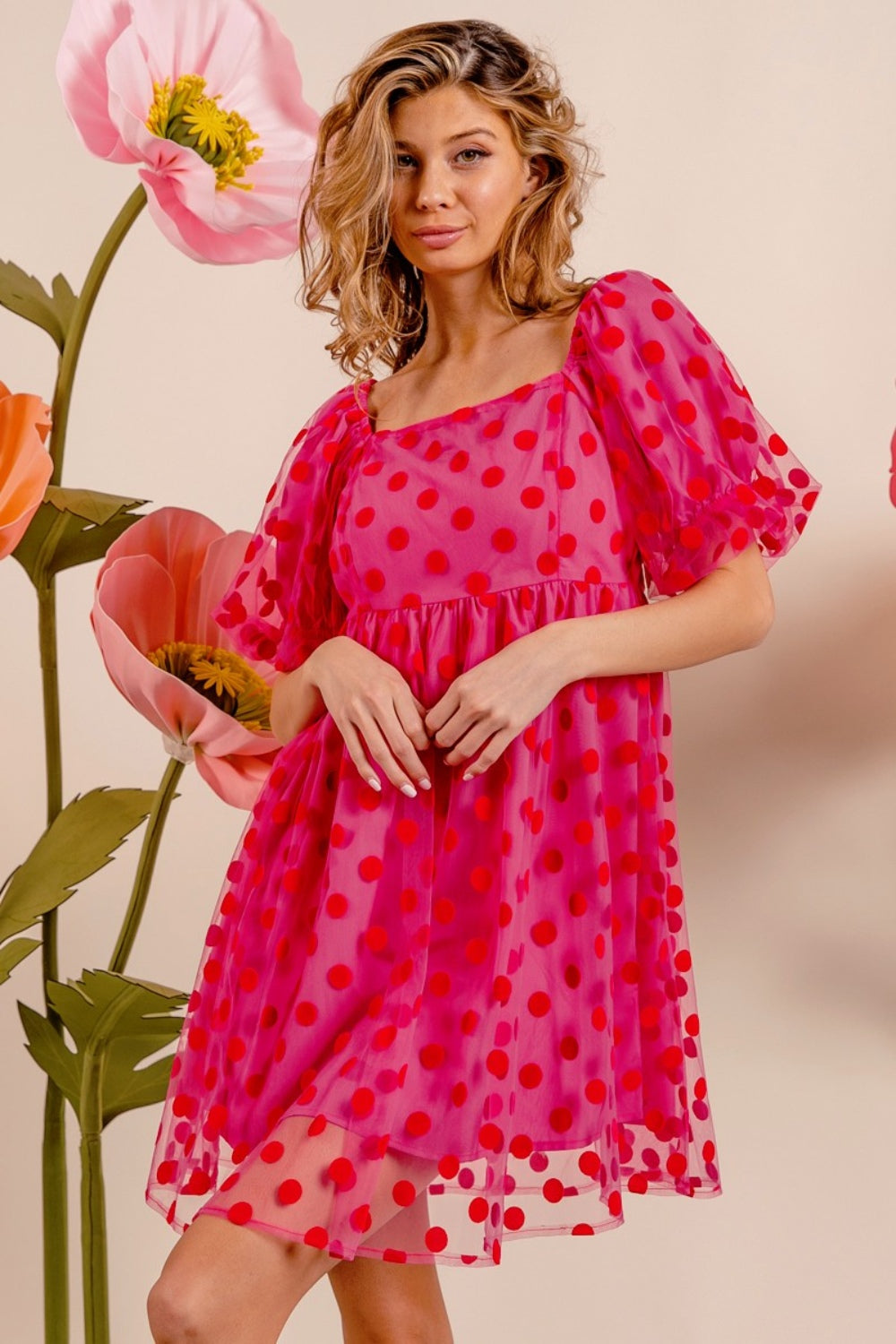 BiBi Polka Dot Mesh Puff Sleeve Dress - All Mine Now Clothing