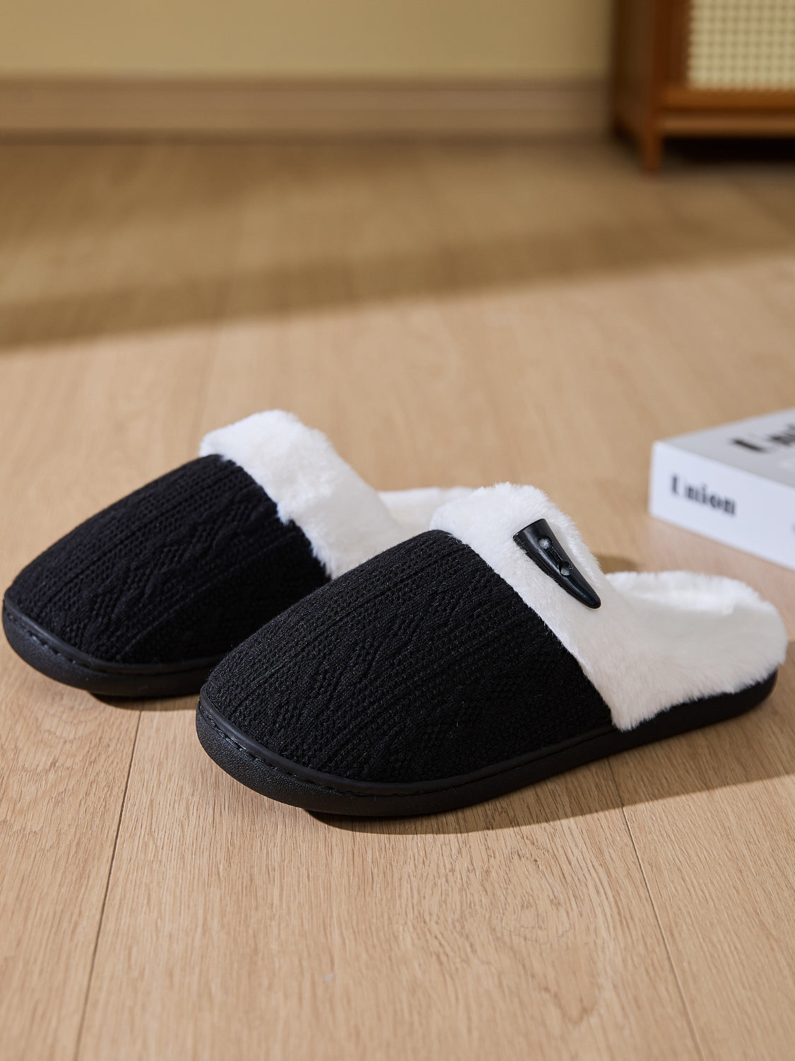 Horn Buckle Furry Texture Flat Slippers - All Mine Now Clothing