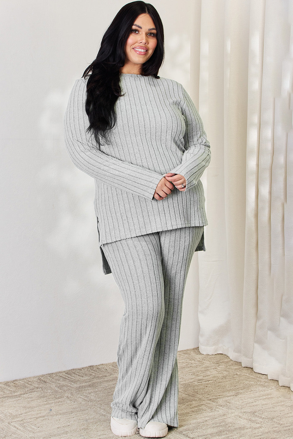 Basic Bae Full Size Ribbed High-Low Top and Wide Leg Pants Set - All Mine Now Clothing