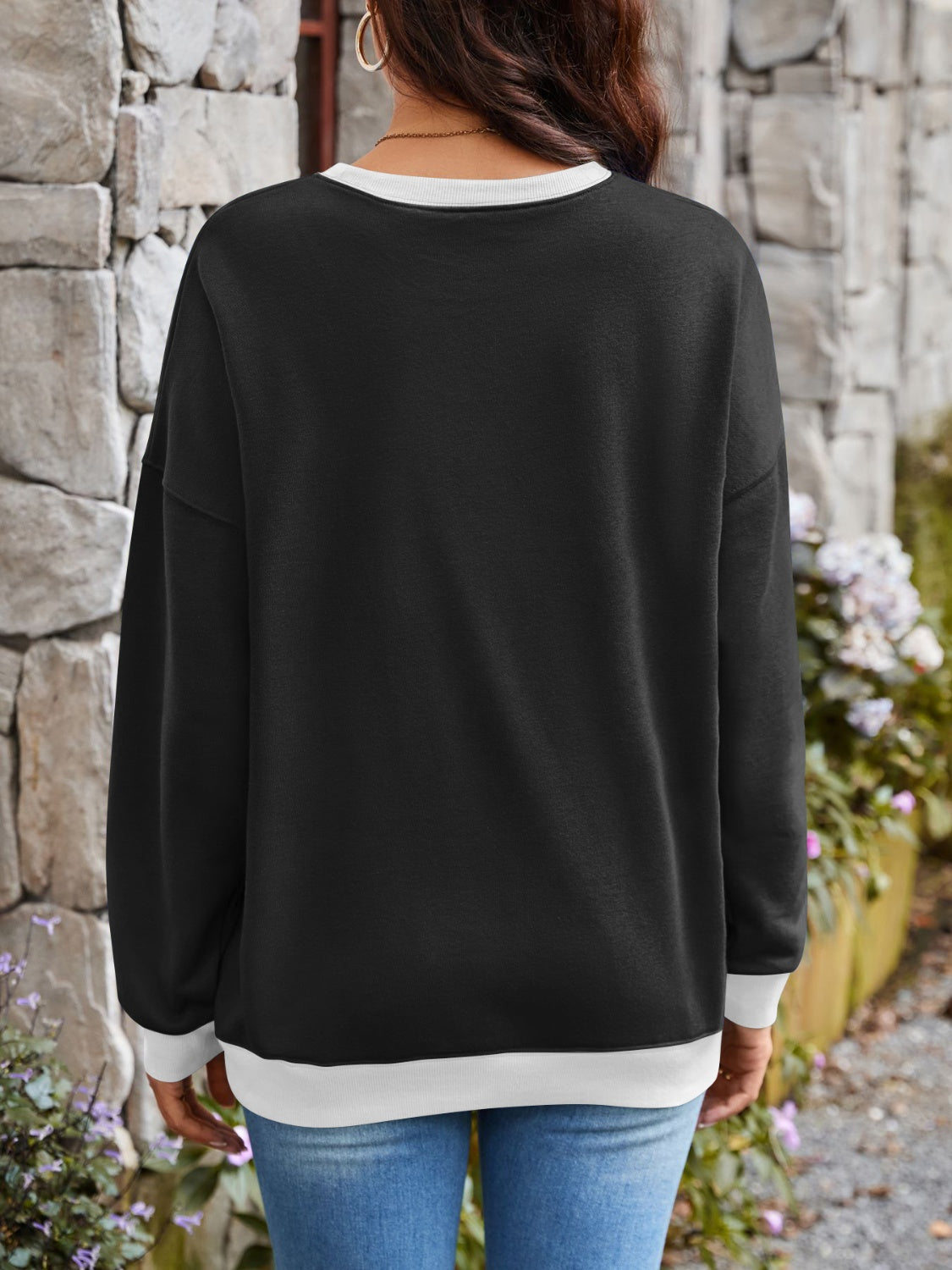 Lovelet Contrast Round Neck Long Sleeve Sweatshirt - All Mine Now Clothing