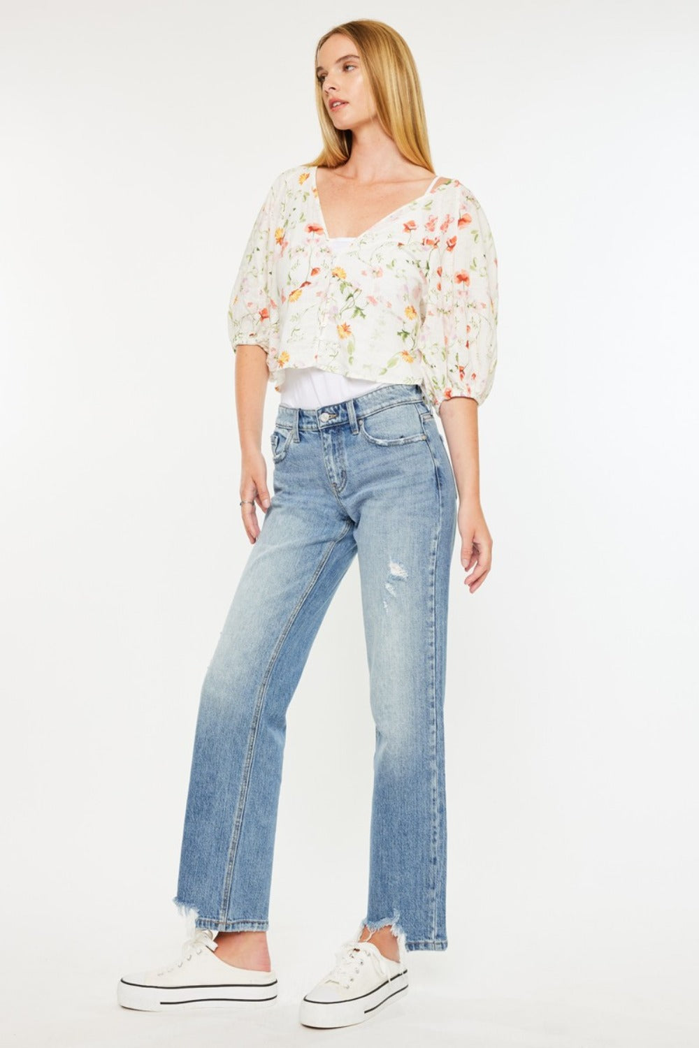 Kancan Mid Rise Frayed Hem Straight Jeans Trendsi