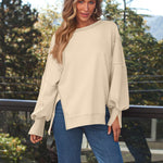 Slit Round Neck Long Sleeve Sweatshirt - All Mine Now Clothing