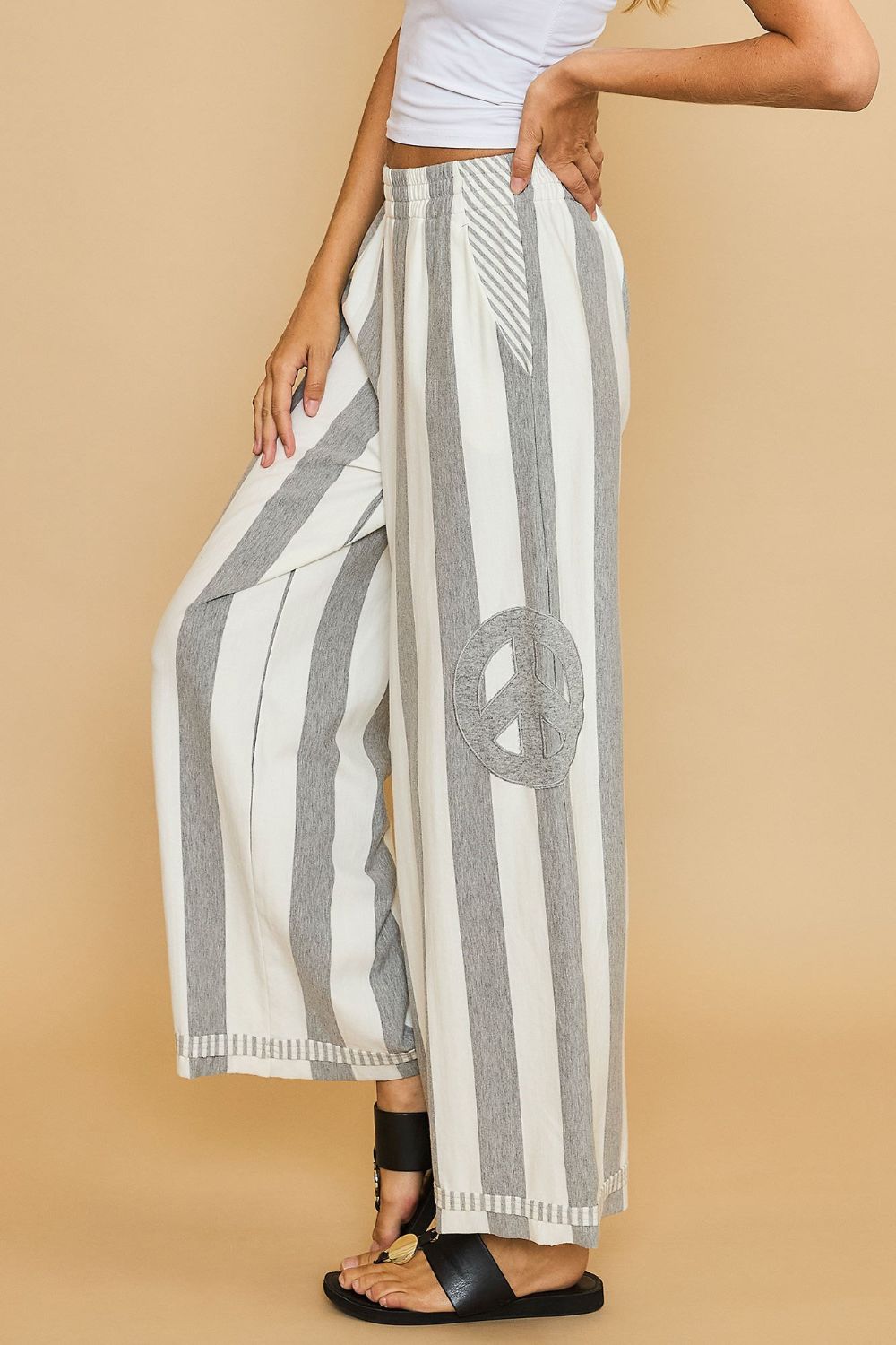 Umgee Peace Sign Patch Striped Wide Leg Pants - All Mine Now Clothing