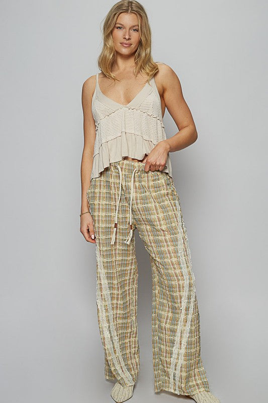 POL Lace Trim Drawstring Checkered Wide Leg Pants - All Mine Now Clothing