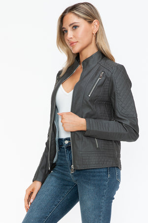 Snobbish Faux Leather Zip Up Mock Neck Jacket - All Mine Now Clothing