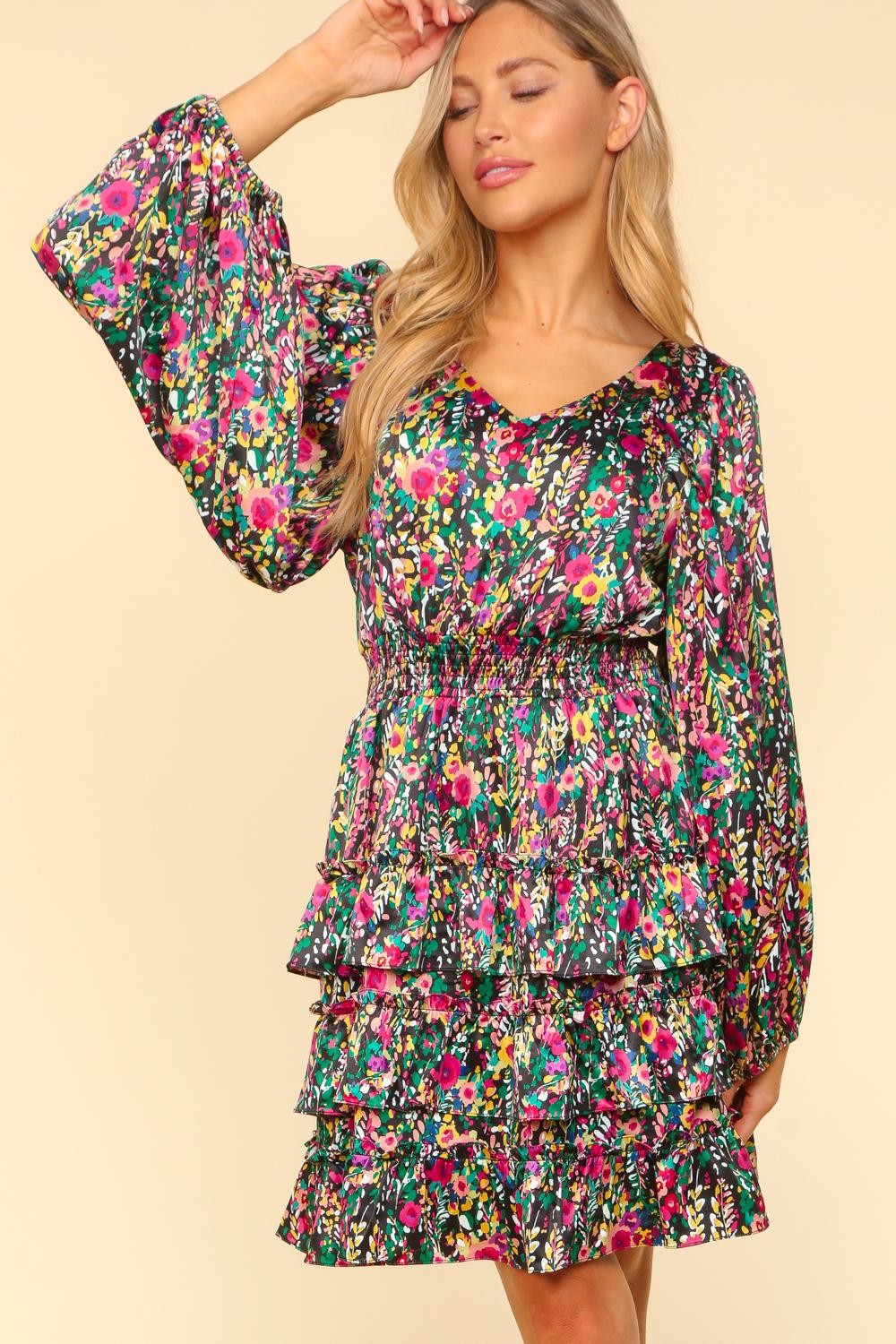 Haptics V-Neck Satin Floral Layered Dress - All Mine Now Clothing