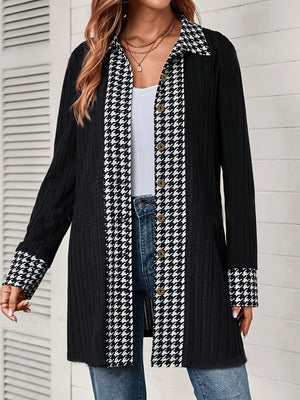 Houndstooth Button Up Long Sleeve Cardigan - All Mine Now Clothing