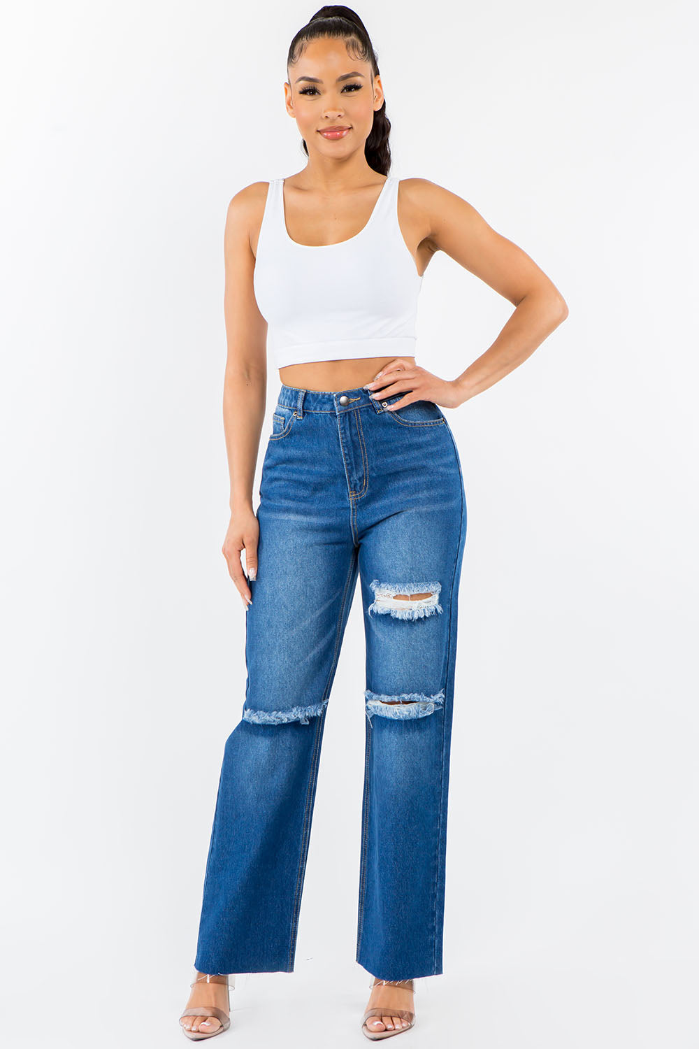 American Bazi High Waist Distressed Wide Leg Jeans - All Mine Now Clothing