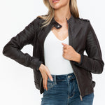 Snobbish PU Leather Biker Jacket with Side Zip Pockets - All Mine Now Clothing