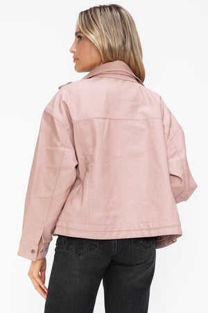 How Dare U Drawstring Hem PU Leather Zip Up Jacket - All Mine Now Clothing