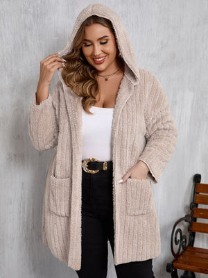 Plus Size Open Front Long Sleeve Hooded Fuzzy Jacket - All Mine Now Clothing