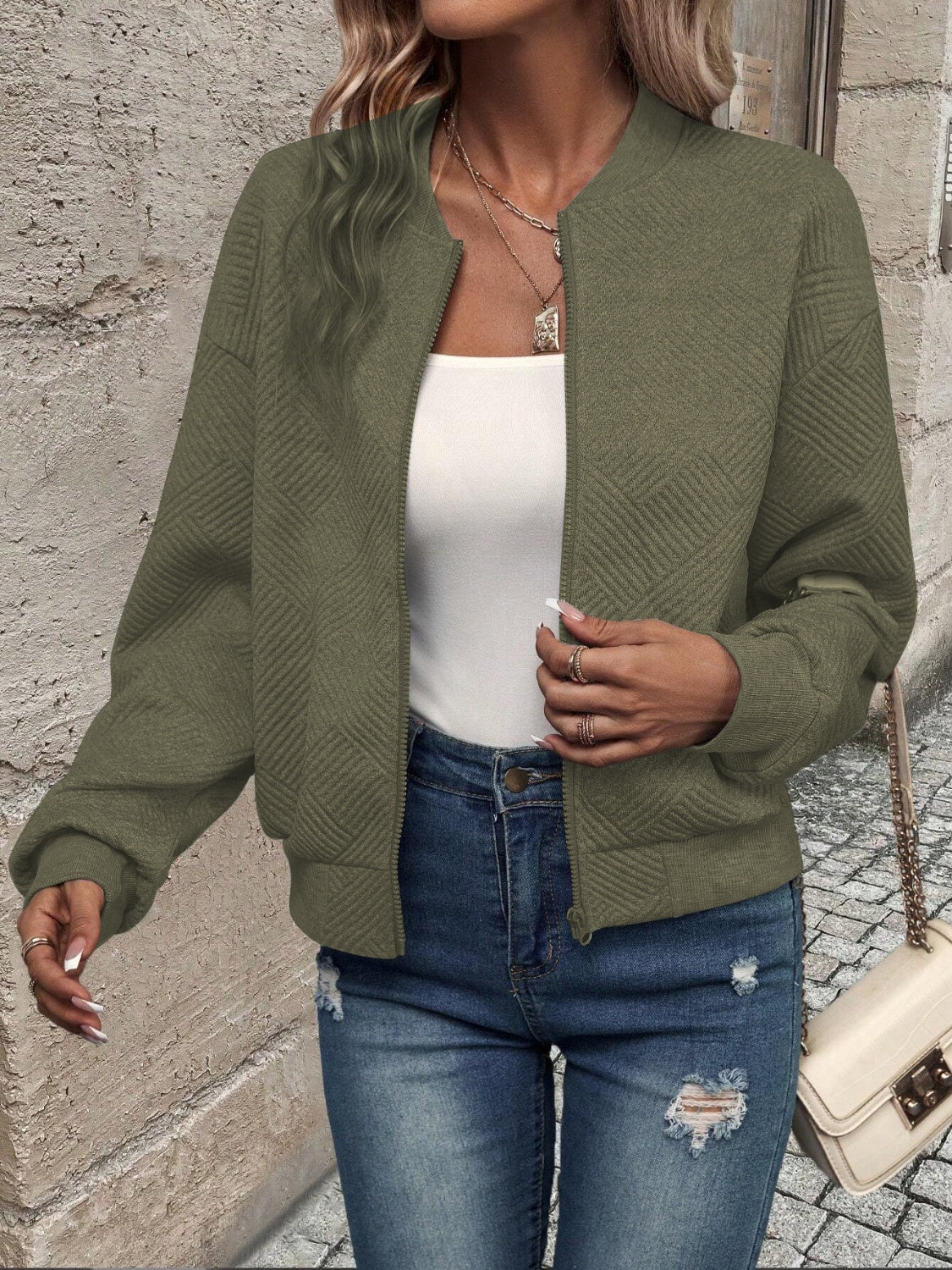 Textured Zip Up Long Sleeve Jacket - All Mine Now Clothing