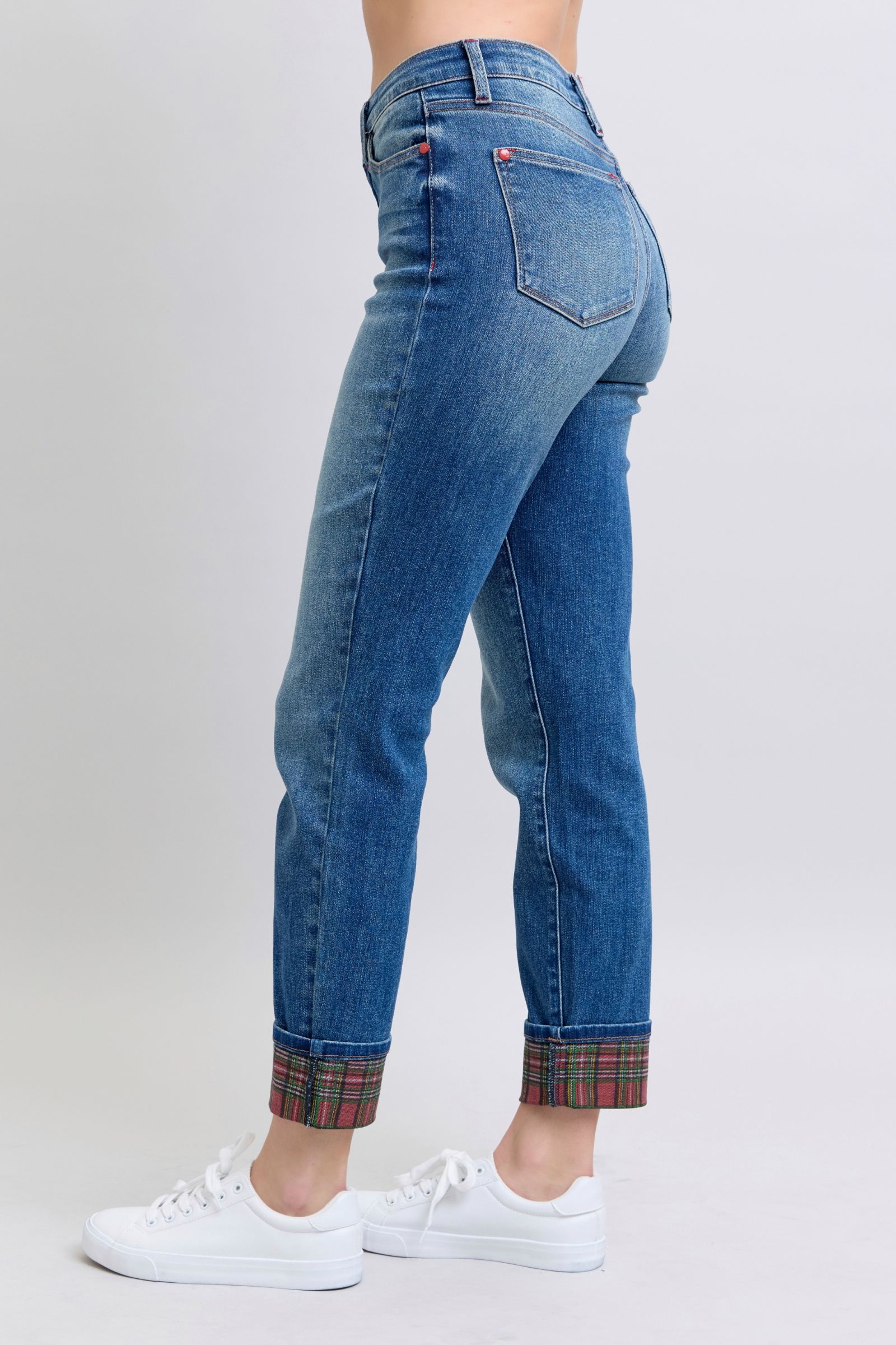 Judy Blue Full Size Plaid Print Cuff Straight Leg Jeans with Pockets Trendsi