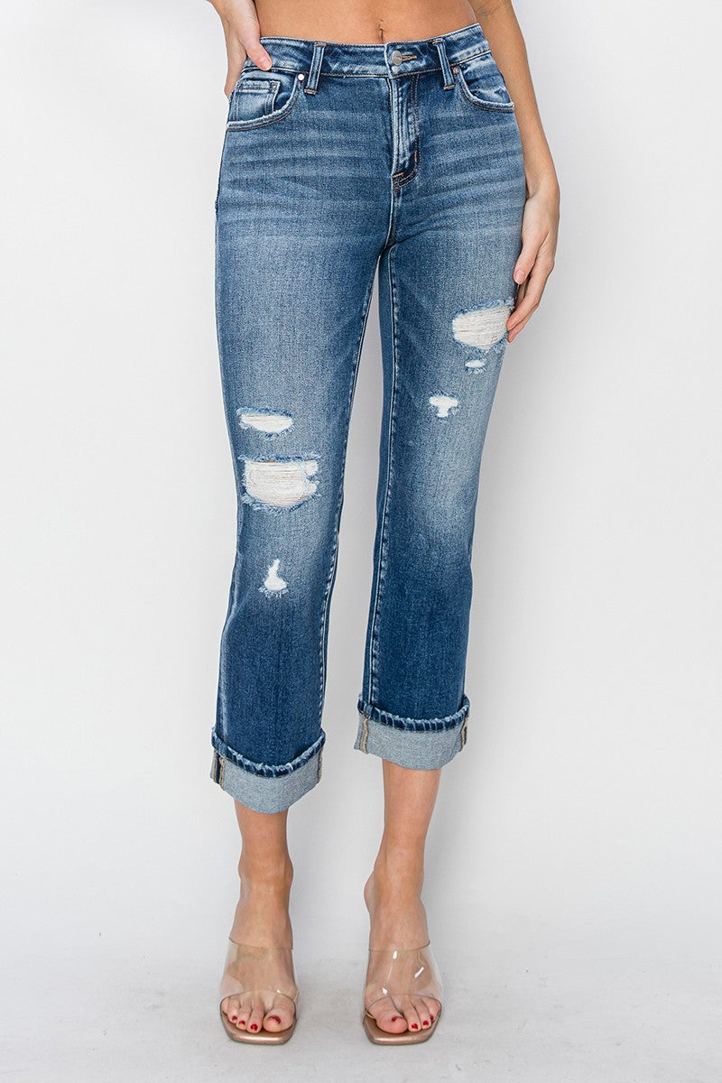 RISEN Full Size Cuffed Ankle Distressed Straight Jeans - All Mine Now Clothing