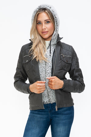 YMI Removable Faux Layered Multi-Pocket Jacket with Fuzzy Hood - All Mine Now Clothing