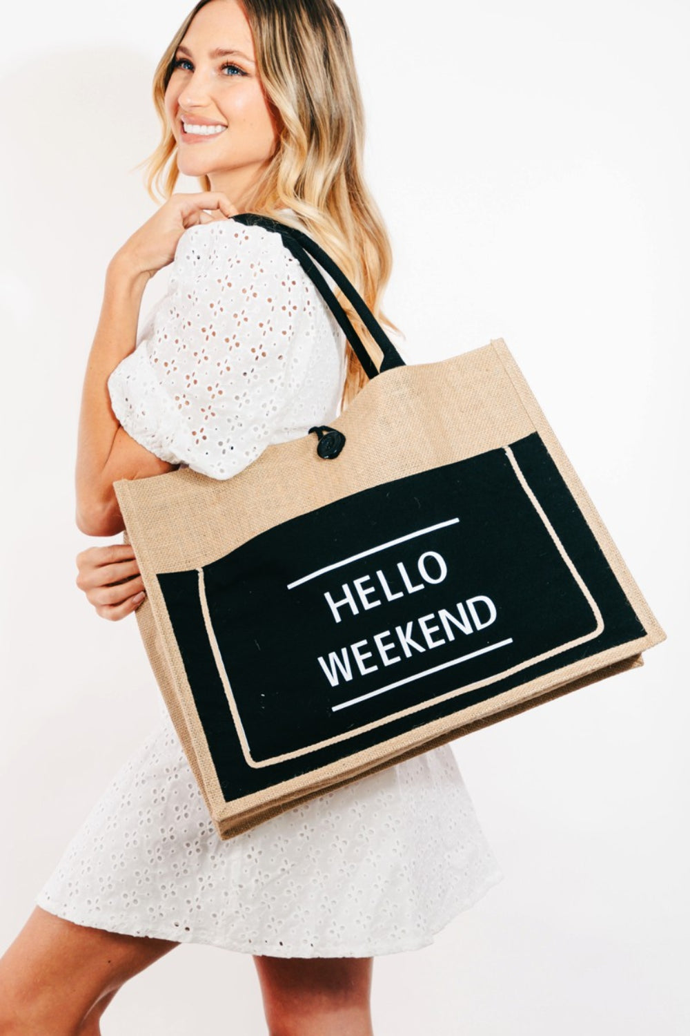 Fame Hello Weekend Burlap Tote Bag - All Mine Now Clothing