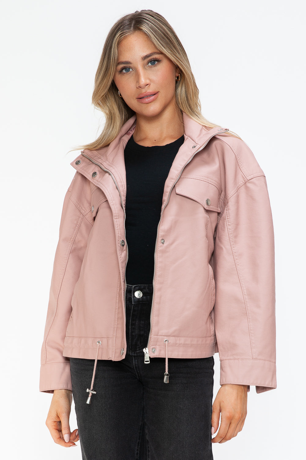 How Dare U Drawstring Hem PU Leather Zip Up Jacket - All Mine Now Clothing