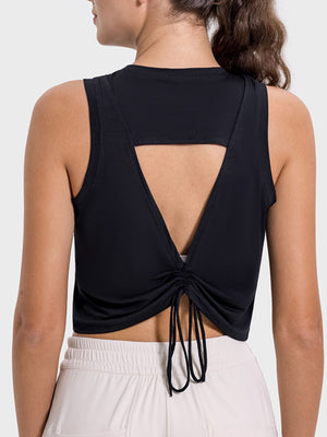 Millennia Drawstring Cutout Round Neck Active Tank - All Mine Now Clothing