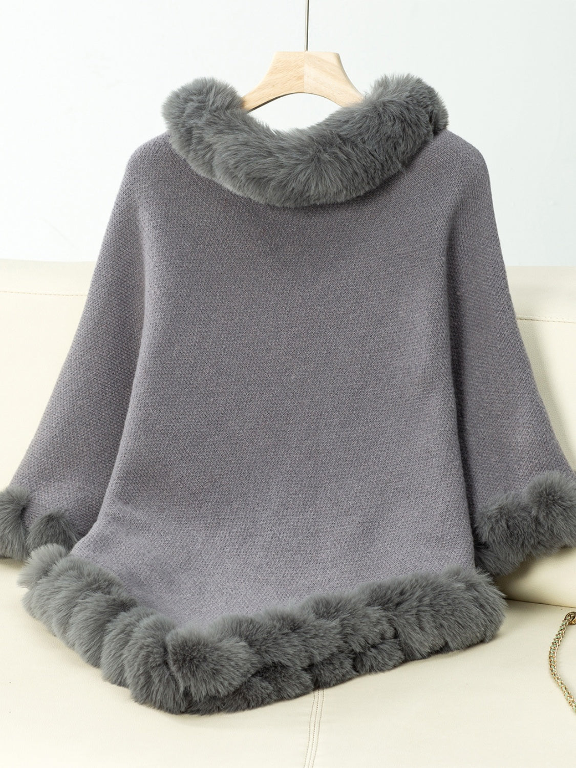 Fuzzy Trim Texture Three-Quarter Sleeve Poncho - All Mine Now Clothing