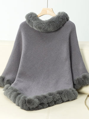 Fuzzy Trim Texture Three-Quarter Sleeve Poncho - All Mine Now Clothing